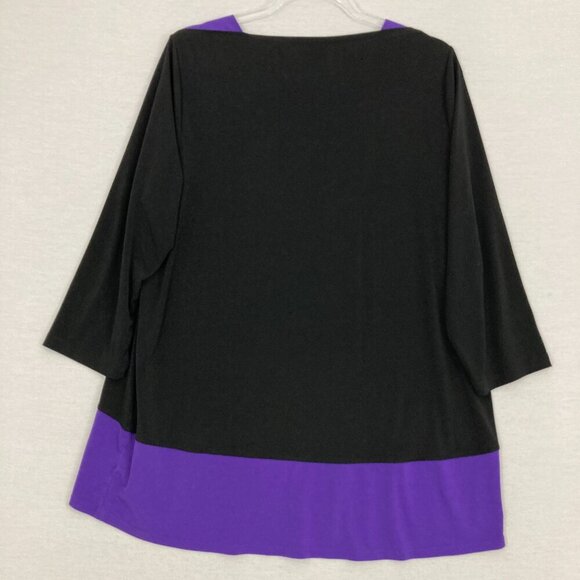 Susan Graver Black Purple Color Block 3/4 Sleeve Liquid Knit Stretch Top Large - Picture 7 of 8